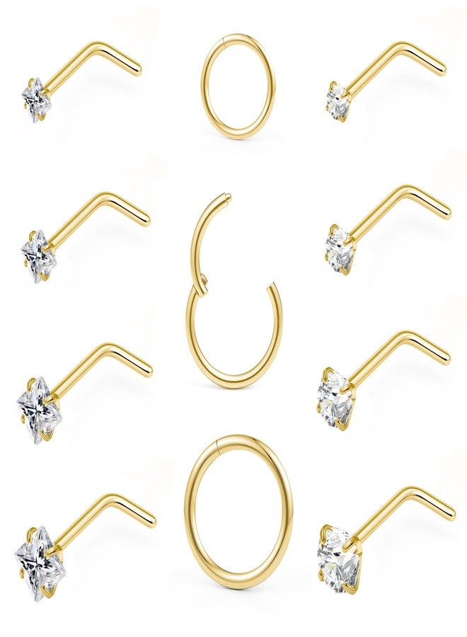 حلقات أنف بوزن 20 غرام وحلقات أنف بوزن 18 غرام للنساء والرجال: حلقات أنف من الفولاذ الجراحي المقاوم للحساسية، بدون خيوط، بتصميم لولبي/على شكل حرف L/مستقيم، مرصعة بأحجار الزركونيا المكعبة الصناعية، بأحجام 1.5/2/2.5/3 مم، مزودة بمشبك مفصلي، مناسبة لثقب الحاجز الأنفي وفتحة الأنف وعظمة الأنف، بأحجام 6/8/10 مم، 11 قطعة (11 قطعة - ذهبية - حلقة أنف على شكل حرف L + حلقة أنف). - Image 1